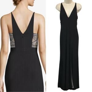 Xscape Side-Slit Rhinestone Crystal Plunging V Neckline Formal Gown Dress Black